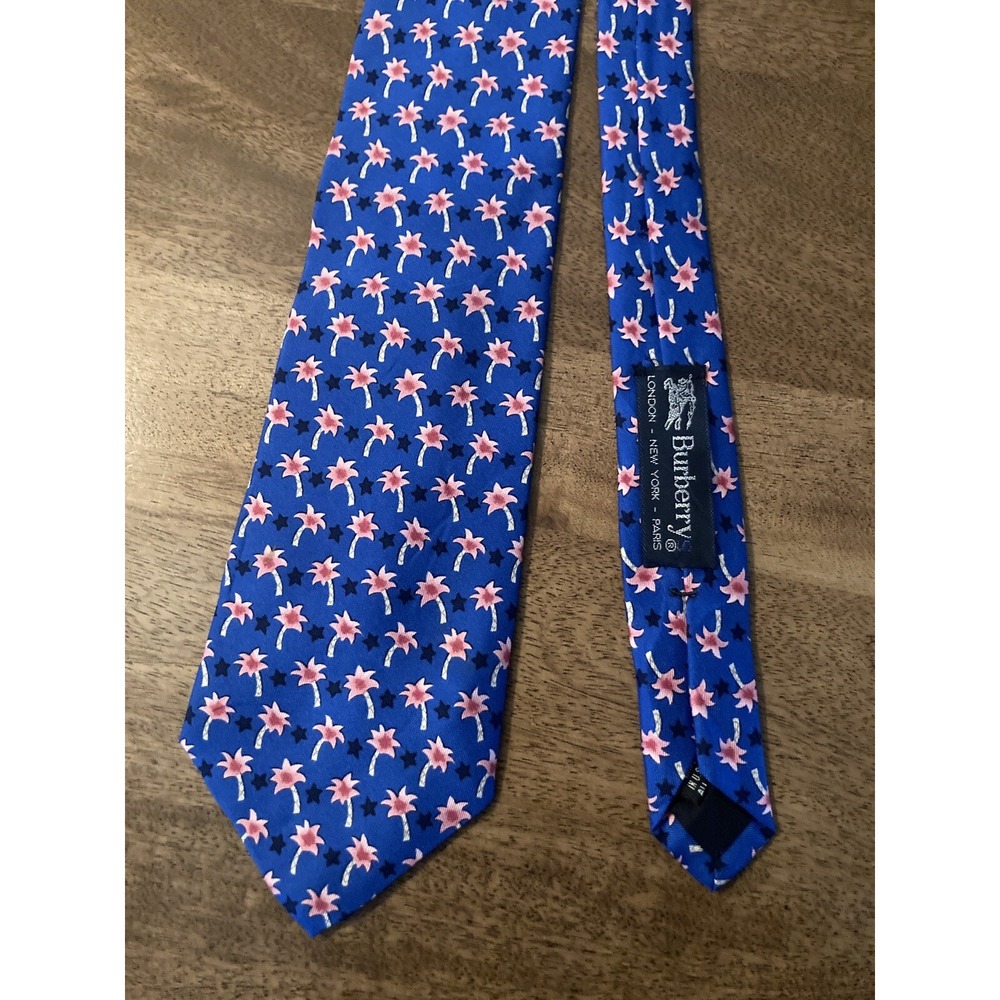 Burberry Necktie Blue Pink Palm Trees Silk USA 2724